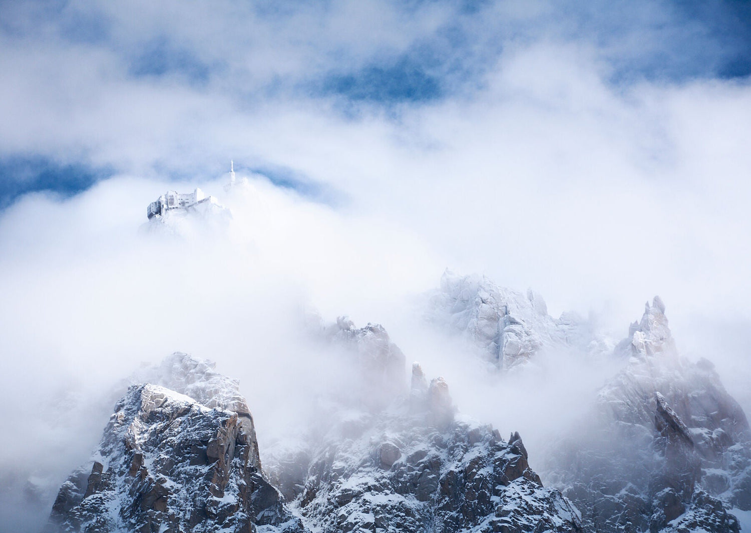 Snow laden trees with mountains behind in the mist