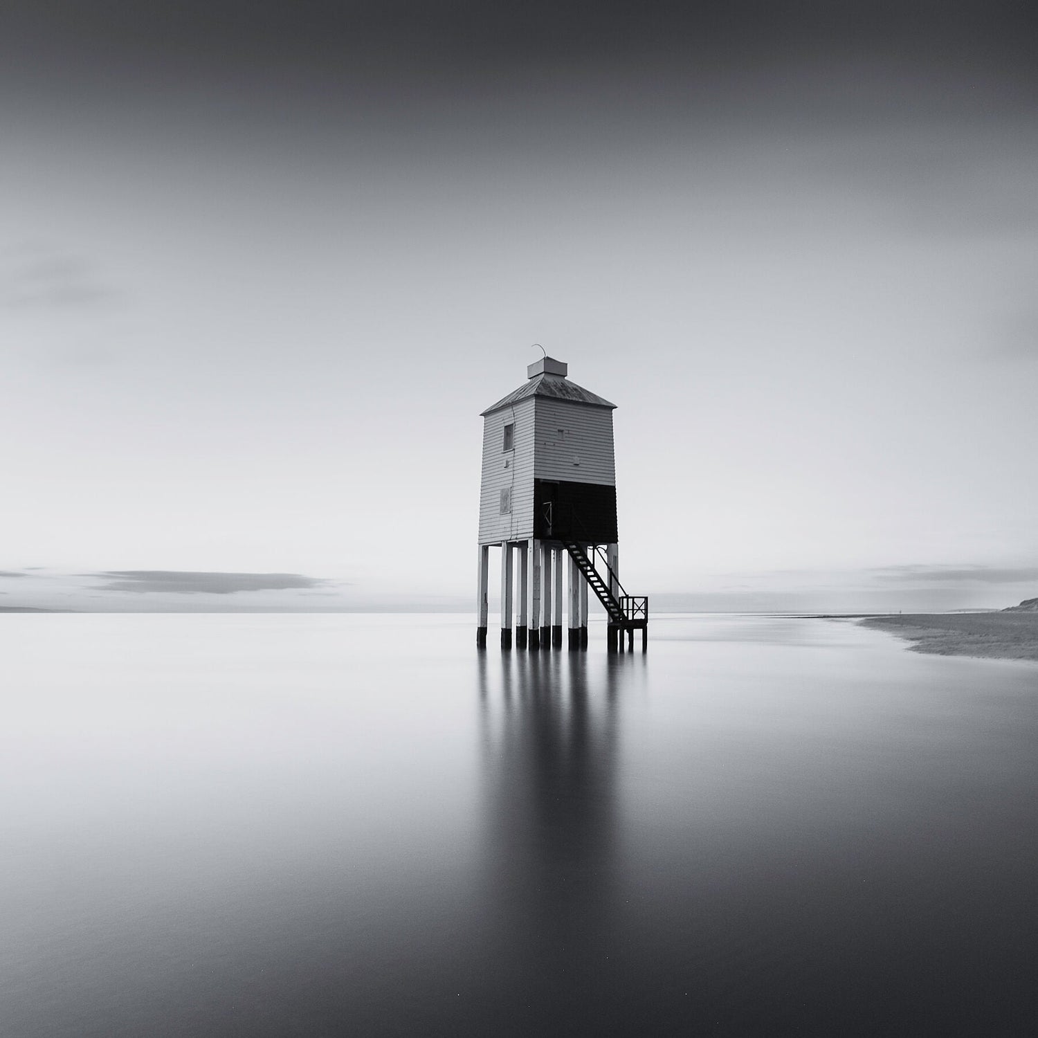 Black and white long exposure photograph of Burnham Low lighthouse.